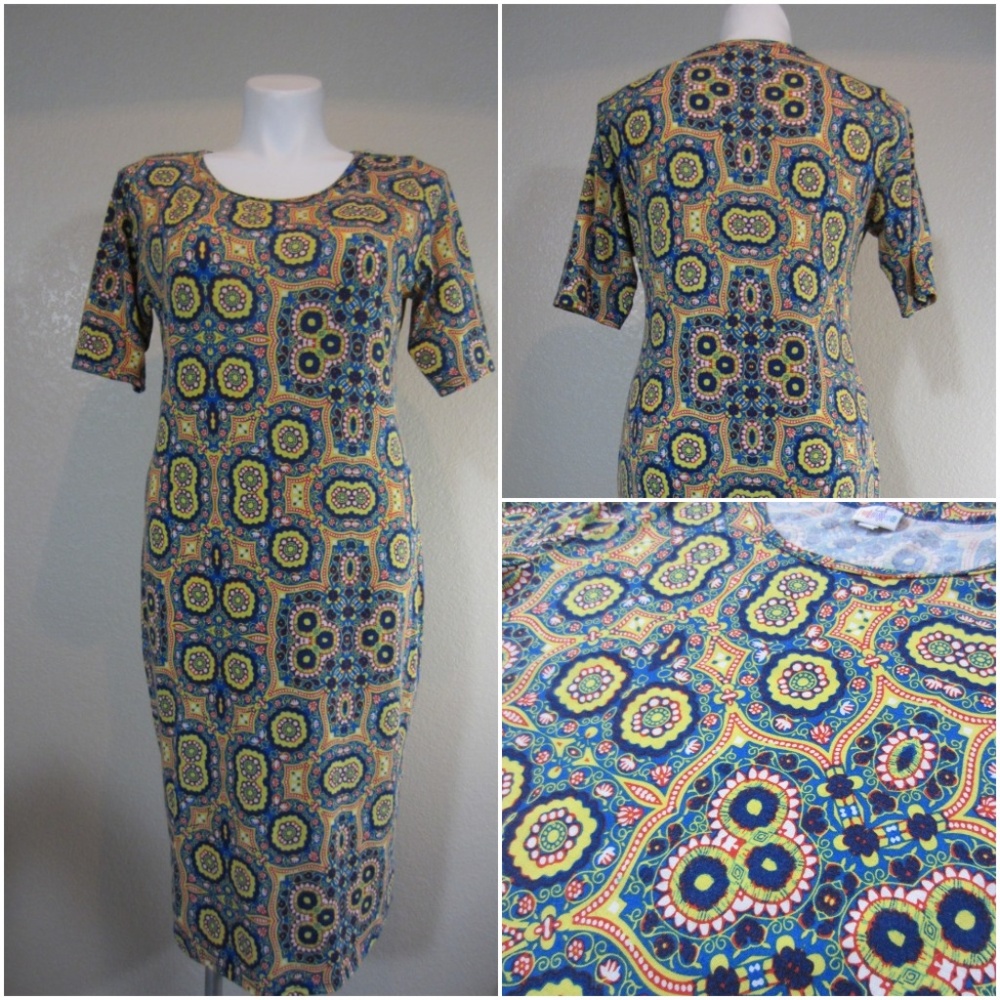 LuLaRoe Julia Dress Yellow Blue Coral Bodycon 2XL